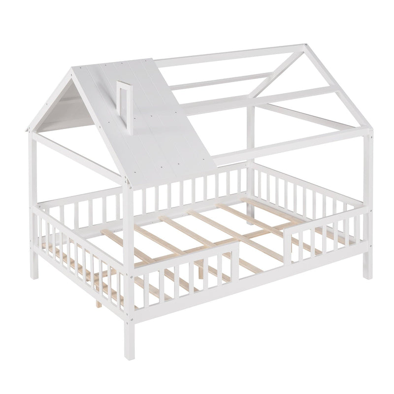 Full Size Wood House Bed with Fence, White - Supfirm