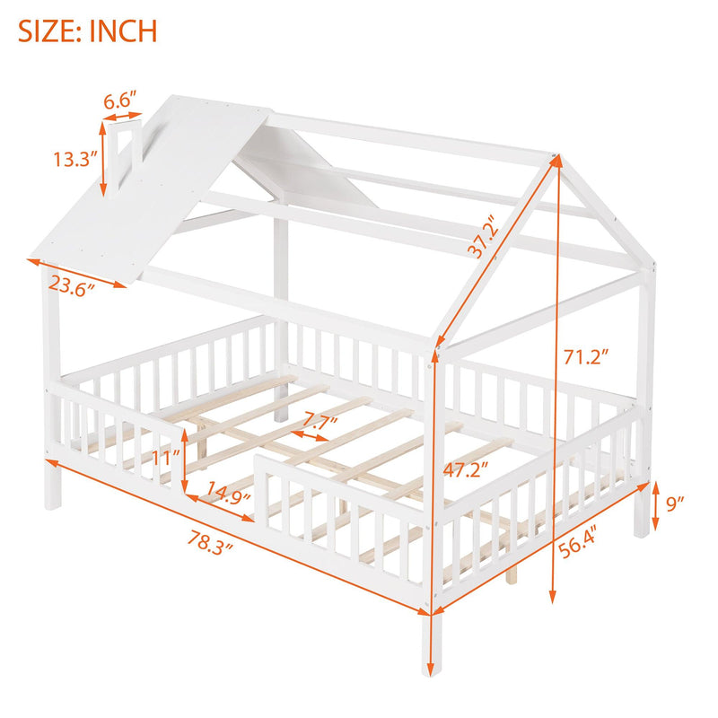 Full Size Wood House Bed with Fence, White - Supfirm