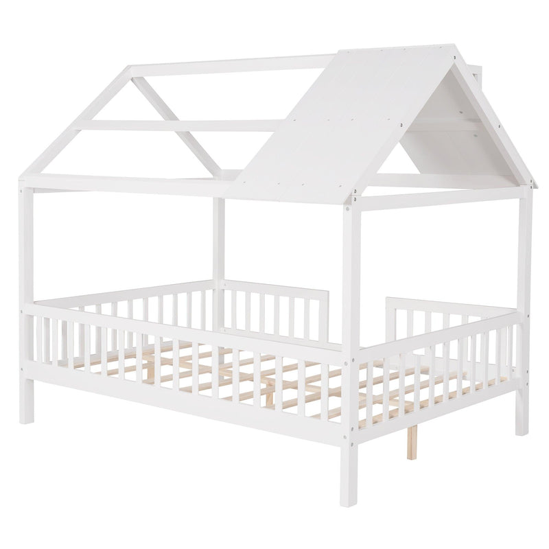 Full Size Wood House Bed with Fence, White - Supfirm