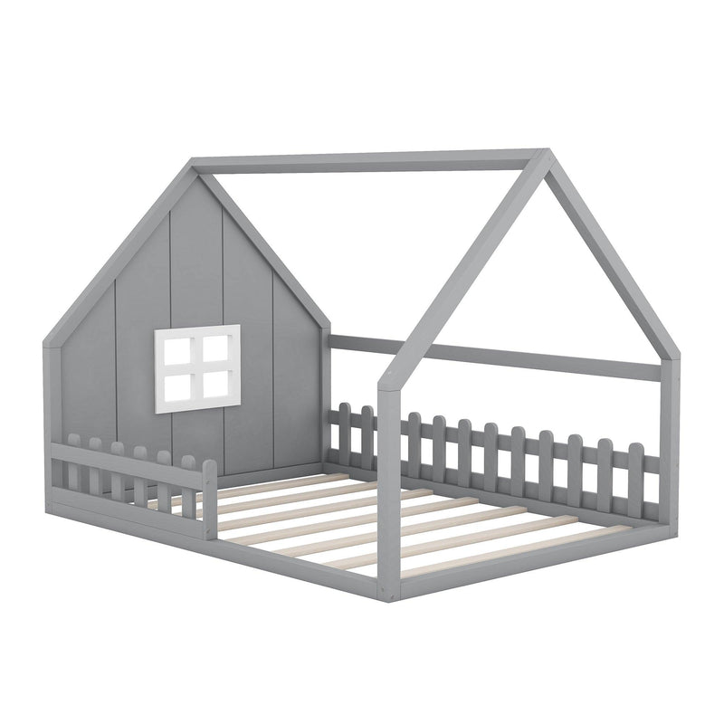 Full Size Wood House Bed with Window and Fence, Gray - Supfirm