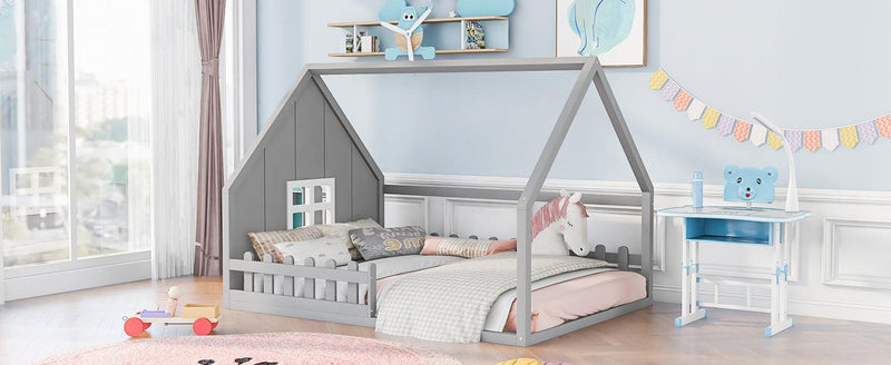 Full Size Wood House Bed with Window and Fence, Gray - Supfirm