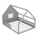 Full Size Wood House Bed with Window and Fence, Gray - Supfirm