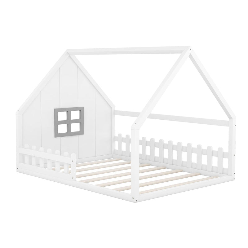 Full Size Wood House Bed with Window and Fence, White - Supfirm