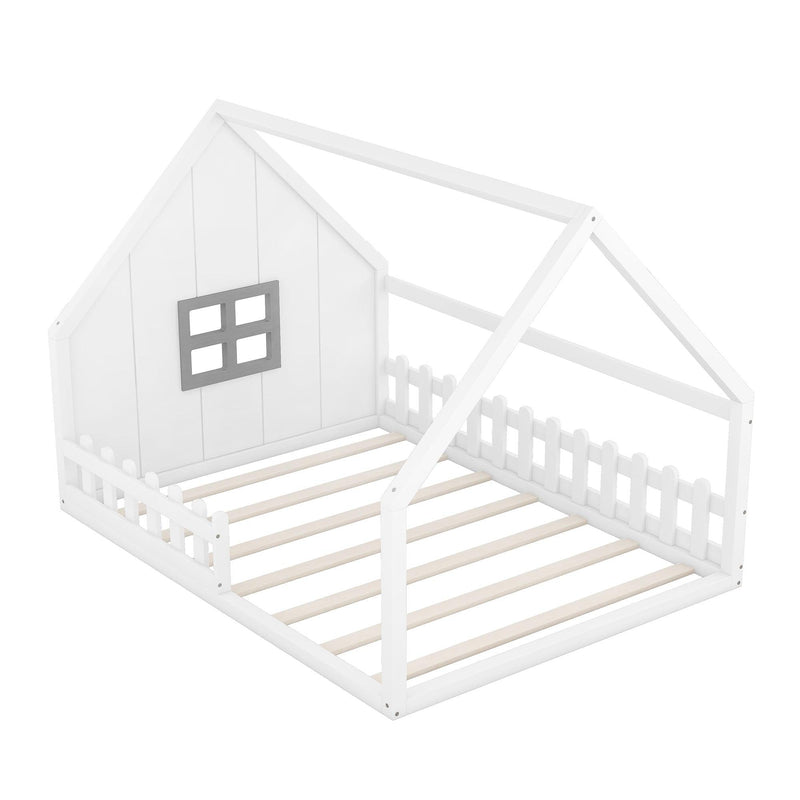 Full Size Wood House Bed with Window and Fence, White - Supfirm