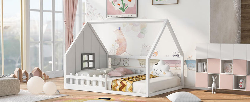 Full Size Wood House Bed with Window and Fence, White - Supfirm