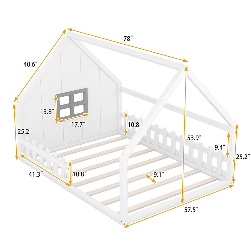 Full Size Wood House Bed with Window and Fence, White - Supfirm