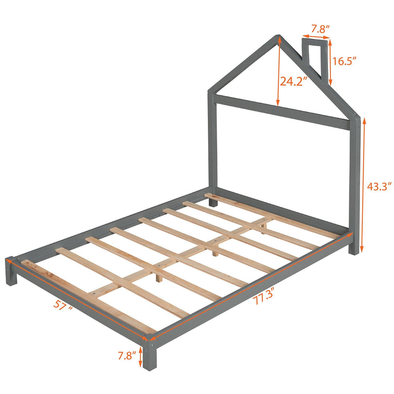 Full Size Wood Platform Bed with House-shaped Headboard (Gray) - Supfirm