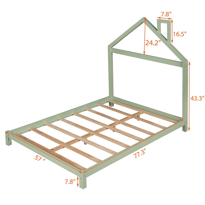 Full Size Wood Platform Bed with House-shaped Headboard (Green) - Supfirm