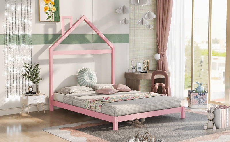 Full Size Wood Platform Bed with House-shaped Headboard (Pink) - Supfirm