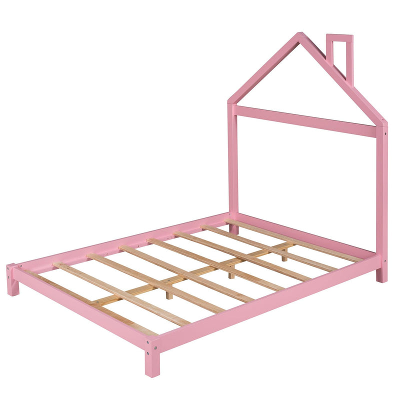 Full Size Wood Platform Bed with House-shaped Headboard (Pink) - Supfirm