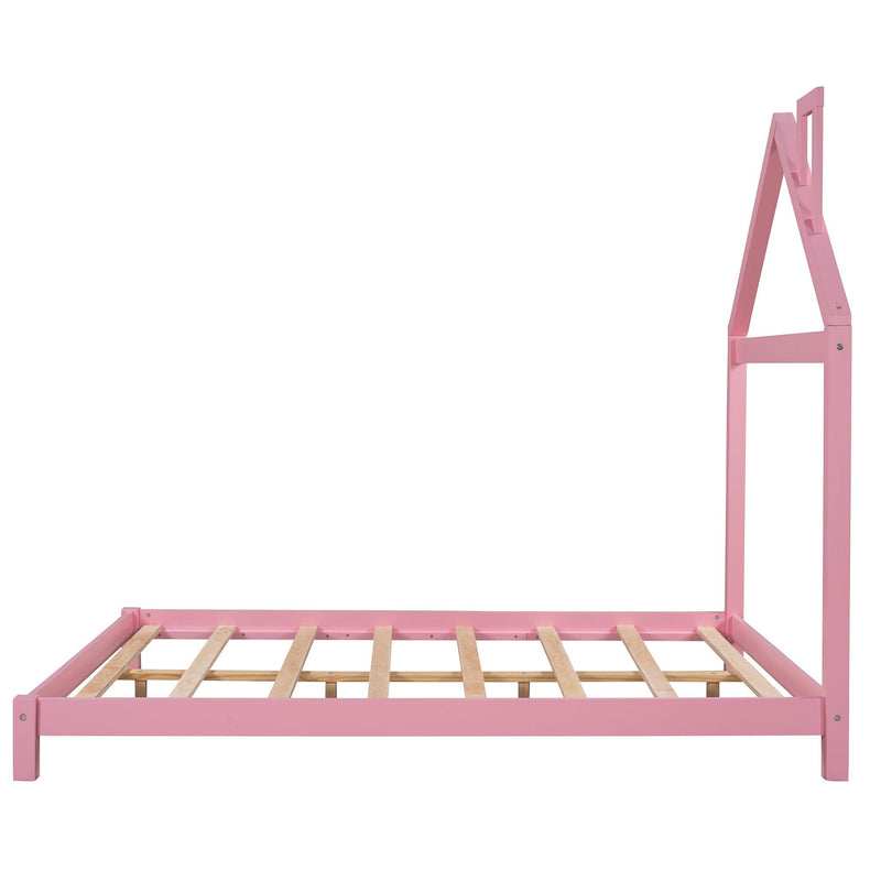 Full Size Wood Platform Bed with House-shaped Headboard (Pink) - Supfirm