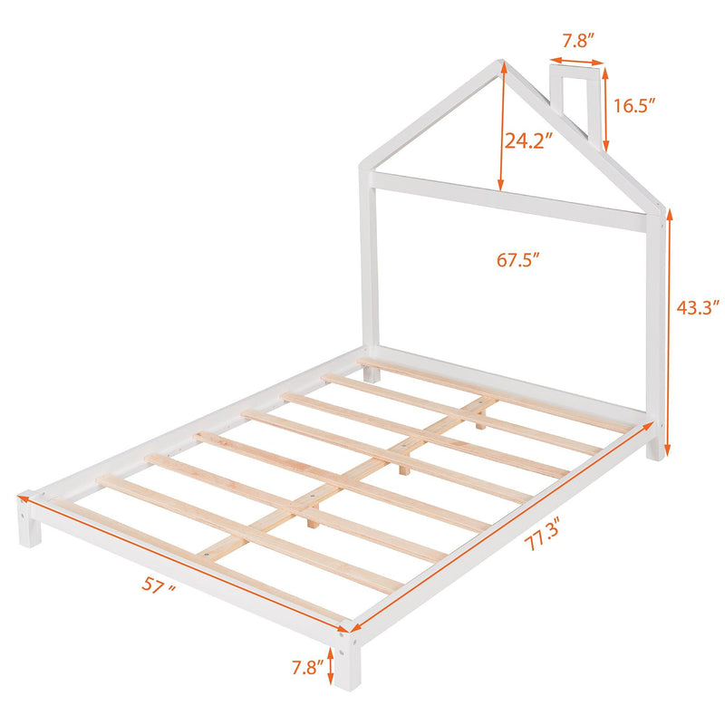 Full Size Wood Platform Bed with House-shaped Headboard (White) - Supfirm