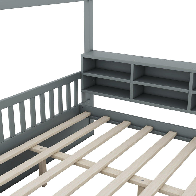 Full Size Wooden House Bed with Shelves and a Mini-cabinet, Gray - Supfirm