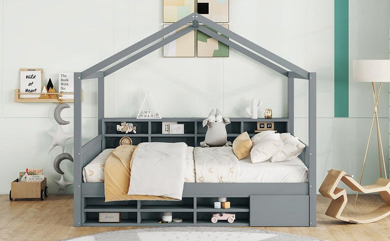 Full Size Wooden House Bed with Shelves and a Mini-cabinet, Gray - Supfirm