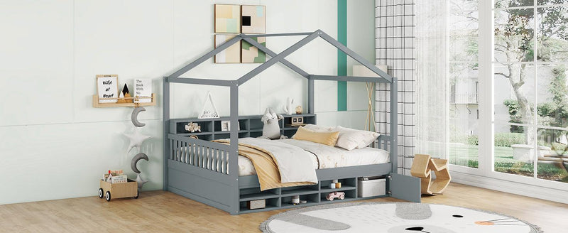 Full Size Wooden House Bed with Shelves and a Mini-cabinet, Gray - Supfirm