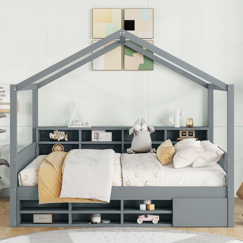 Full Size Wooden House Bed with Shelves and a Mini-cabinet, Gray - Supfirm