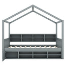 Full Size Wooden House Bed with Shelves and a Mini-cabinet, Gray - Supfirm