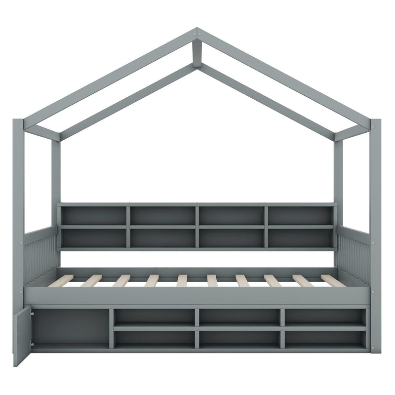 Full Size Wooden House Bed with Shelves and a Mini-cabinet, Gray - Supfirm