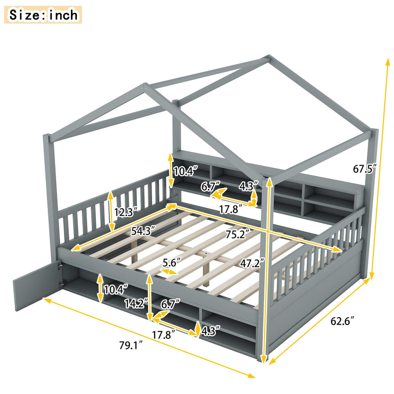 Full Size Wooden House Bed with Shelves and a Mini-cabinet, Gray - Supfirm