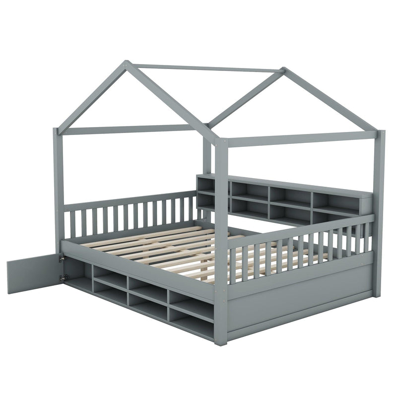 Full Size Wooden House Bed with Shelves and a Mini-cabinet, Gray - Supfirm