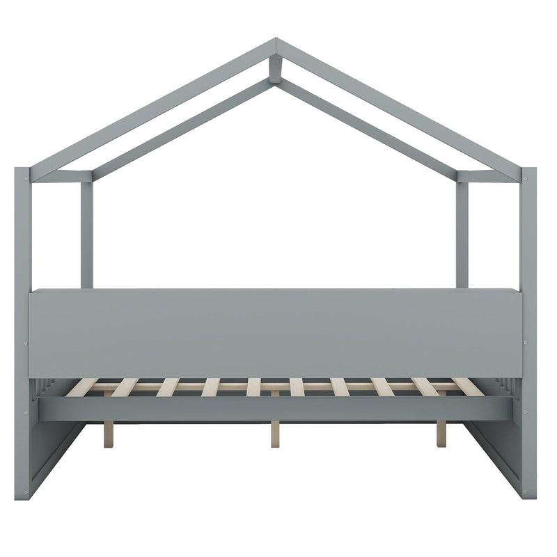 Full Size Wooden House Bed with Shelves and a Mini-cabinet, Gray - Supfirm