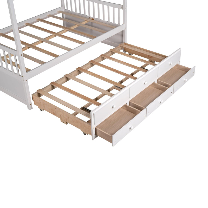 Full size Wooden House Bed with Trundle and 3 Storage Drawers-White - Supfirm