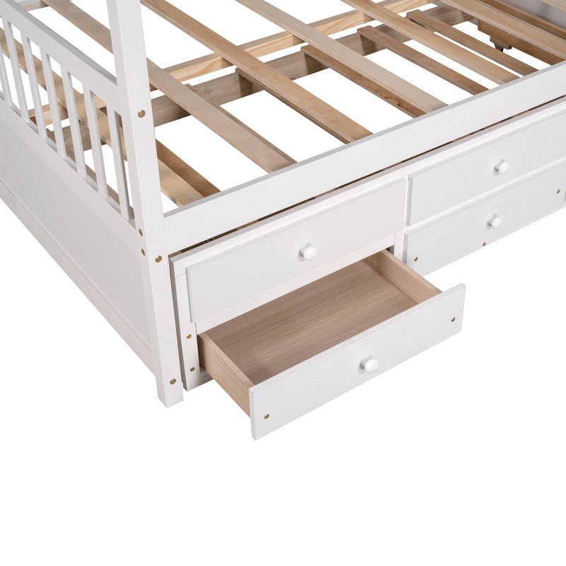 Full size Wooden House Bed with Trundle and 3 Storage Drawers-White - Supfirm