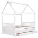 Full size Wooden House Bed with Trundle and 3 Storage Drawers-White - Supfirm