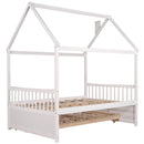 Full size Wooden House Bed with Trundle and 3 Storage Drawers-White - Supfirm