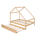 Full Size Wooden House Bed With Twin Size Trundle, Natural - Supfirm