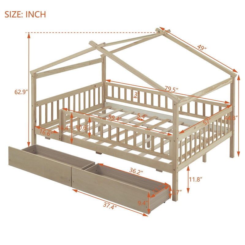 Full Size Wooden House Bed with Two Drawers, Natural - Supfirm