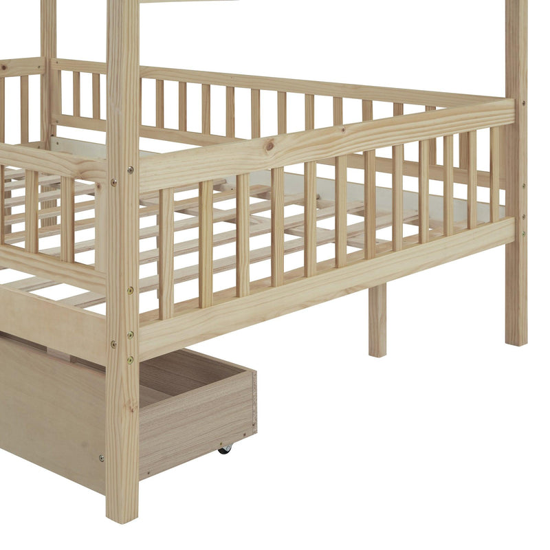 Full Size Wooden House Bed with Two Drawers, Natural - Supfirm