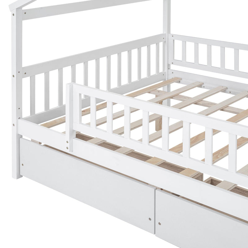 Full Size Wooden House Bed with Two Drawers, White - Supfirm