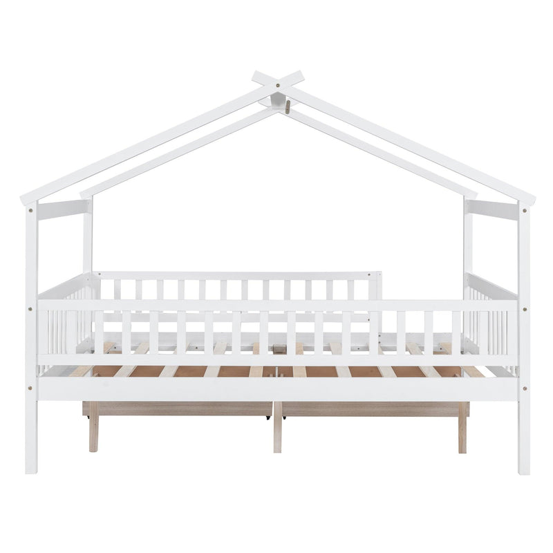 Full Size Wooden House Bed with Two Drawers, White - Supfirm