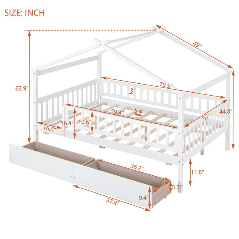 Full Size Wooden House Bed with Two Drawers, White - Supfirm