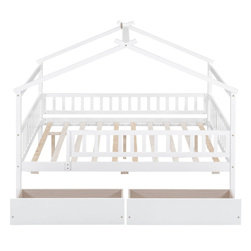 Full Size Wooden House Bed with Two Drawers, White - Supfirm