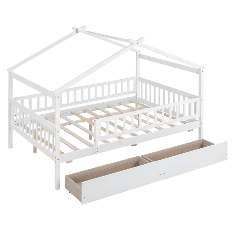 Full Size Wooden House Bed with Two Drawers, White - Supfirm