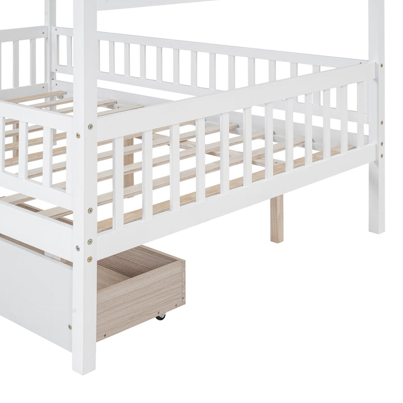 Full Size Wooden House Bed with Two Drawers, White - Supfirm