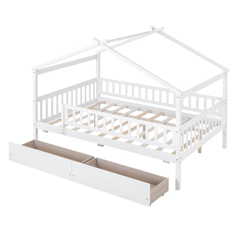 Full Size Wooden House Bed with Two Drawers, White - Supfirm