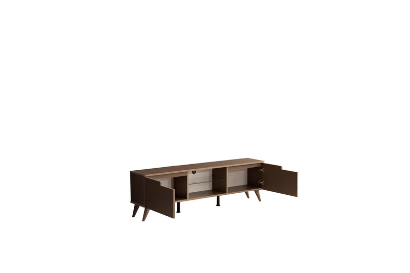 FurnisHome Store Denver Mid Century Modern Tv Stand 2 Door Cabinets 1 Glass Shelf 66 inch Tv Unit, Brown - Supfirm