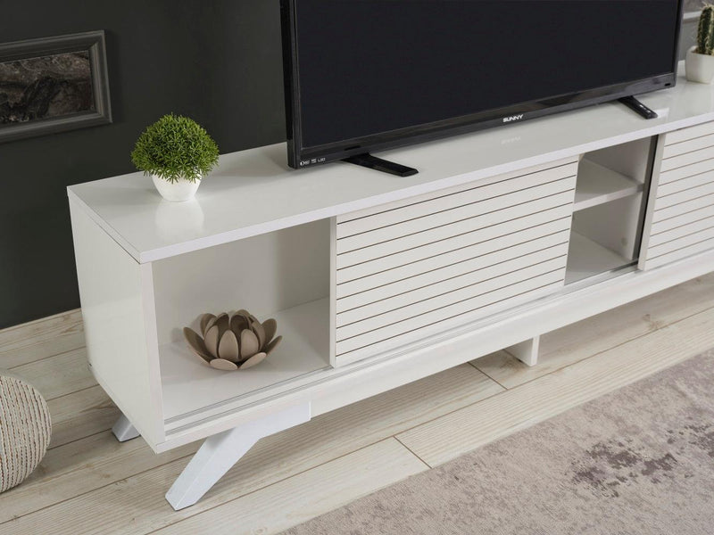 FurnisHome Store Luxia Mid Century Modern Tv Stand 2 Sliding Door Cabinet 2 Shelves 67 inch Tv Uni, White - Supfirm