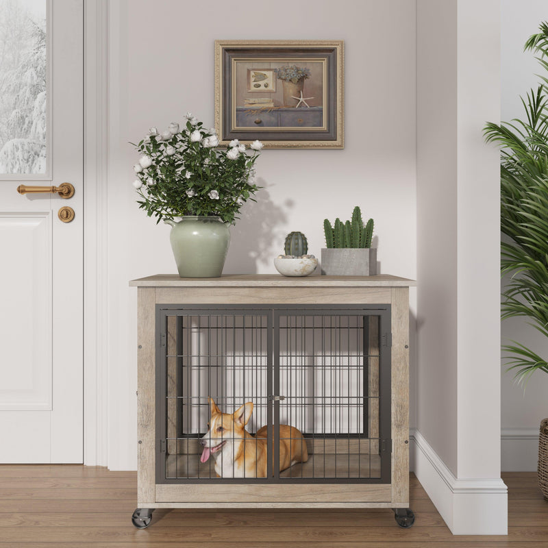 Furniture Dog Cage Crate with Double Doors on Casters. Grey, 31.50'' W x 22.05'' D x 24.8'' H. - Supfirm