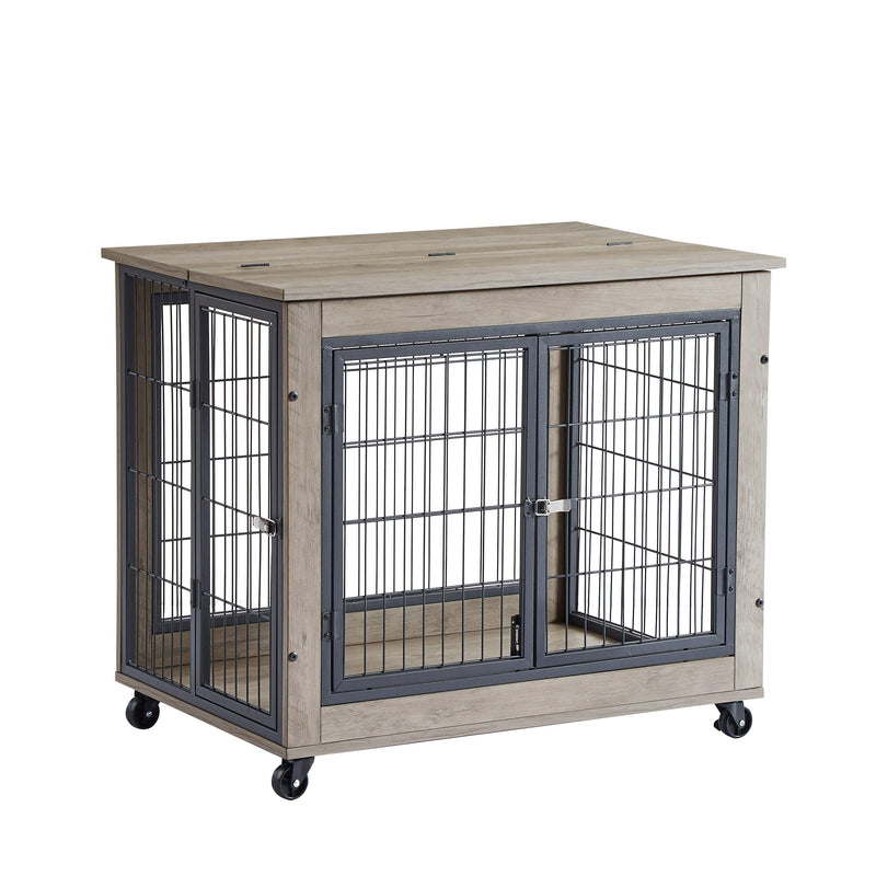 Furniture Dog Cage Crate with Double Doors on Casters. Grey, 31.50'' W x 22.05'' D x 24.8'' H. - Supfirm