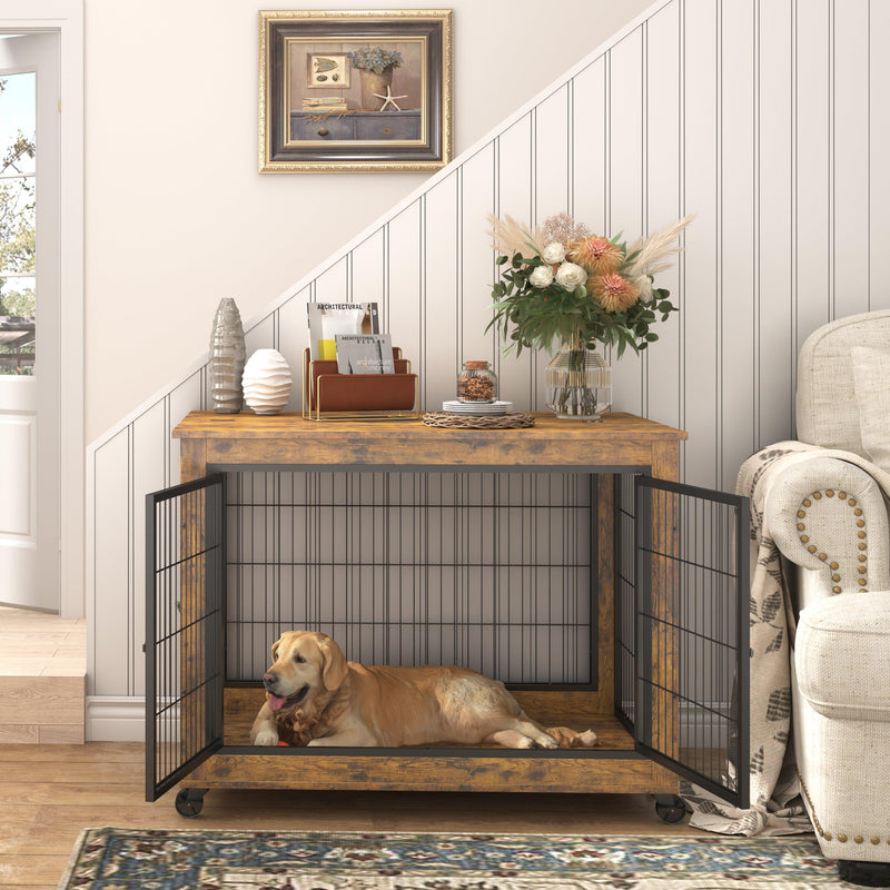 Furniture Dog Cage Crate with Double Doors, Rustic Brown, 38.58'' W x 25.2'' D x 27.17'' H - Supfirm