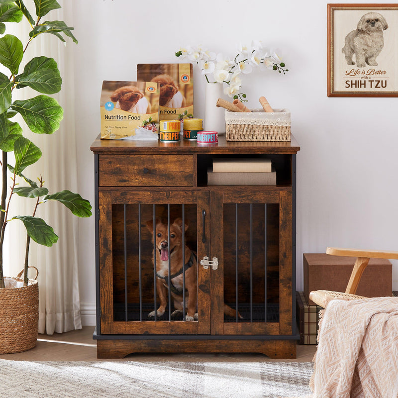 Furniture Dog crate, indoor pet crate end tables, decorative wooden kennels with removable trays. Rustic Brown, 32.3'' W x 22.8'' D x 33.5'' H. - Supfirm