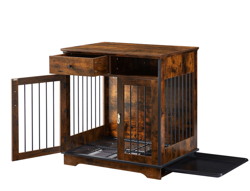 Furniture Dog crate, indoor pet crate end tables, decorative wooden kennels with removable trays. Rustic Brown, 32.3'' W x 22.8'' D x 33.5'' H. - Supfirm