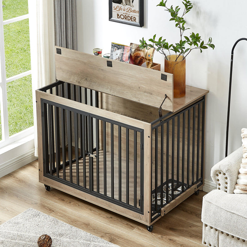 Furniture Style Dog Crate Side Table With Feeding Bowl, Wheels, Three Doors, Flip-Up Top Opening. Indoor, Grey, 43.7"W x 30"D x 33.7"H - Supfirm