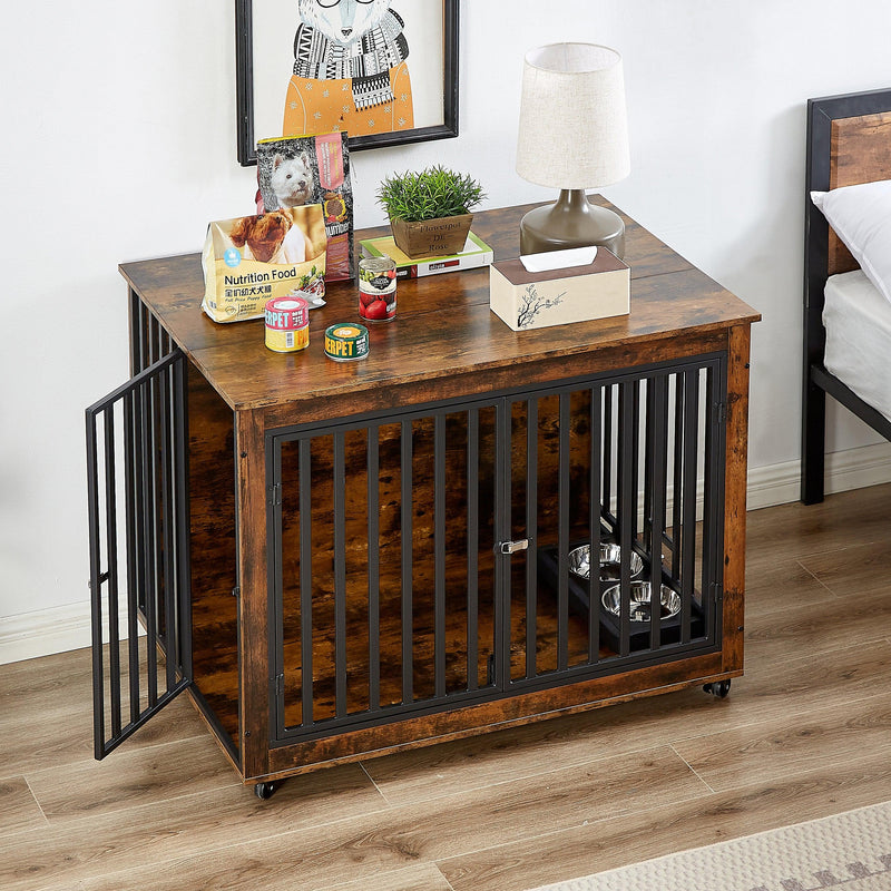 Furniture Style Dog Crate Side Table With Feeding Bowl, Wheels, Three Doors, Flip-Up Top Opening. Indoor, Rustic Brown, 43.7"W x 30"D x 33.7"H - Supfirm