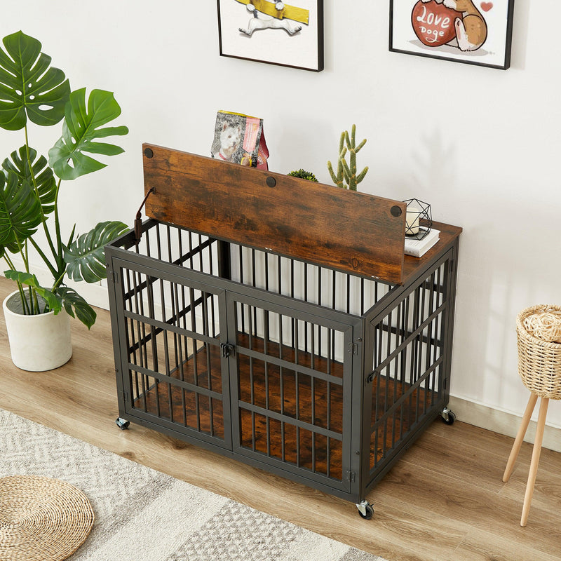 Furniture style dog crate wrought iron frame door with side openings, Rustic Brown, 38.4''W x 27.7''D x 30.2''H. - Supfirm