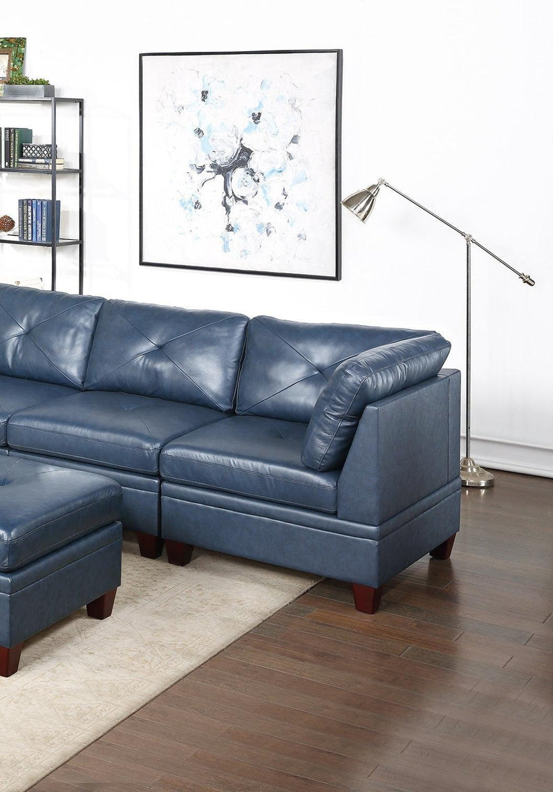 Genuine Leather Ink Blue Tufted 6pc Modular Sofa Set 2x Corner Wedge 3x Armless Chair 1x Ottoman Living Room Furniture Sofa Couch - Supfirm